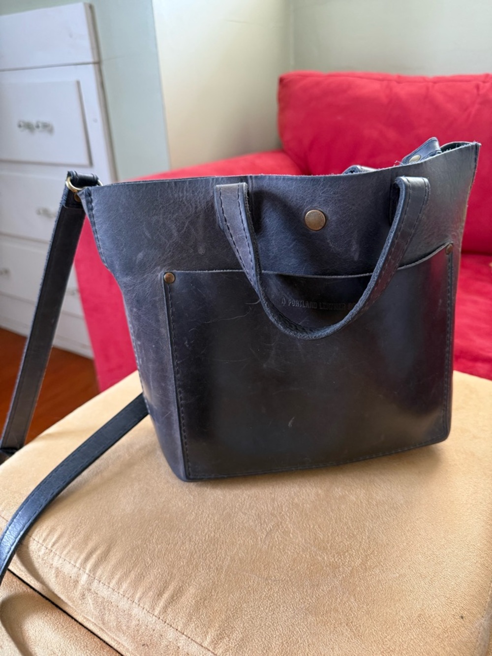 Navy Portland Leather Goods Tote Bag with Shoulder Strap